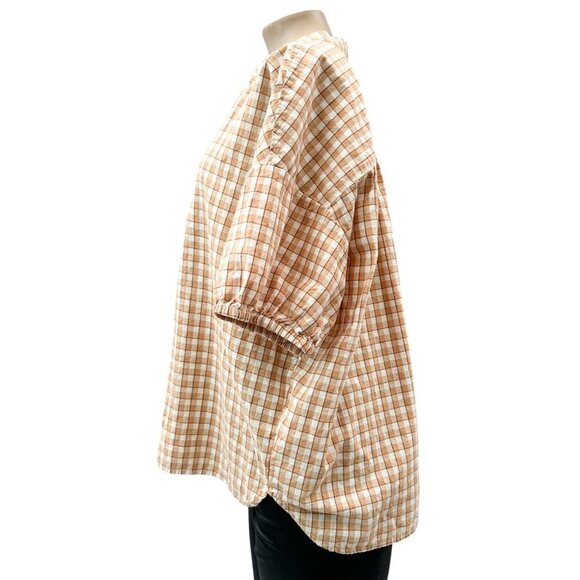 Madewell Crinkle Cotton Bubble-Sleeve Popover Check Fauna‎ Flowy Shirt Women XL - Picture 7 of 15